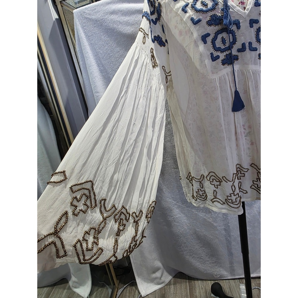 Boho Embroidered Beaded Bell Sleeve Tassel Peasant Blouse Romantic Cottagecore - Picture 3 of 9